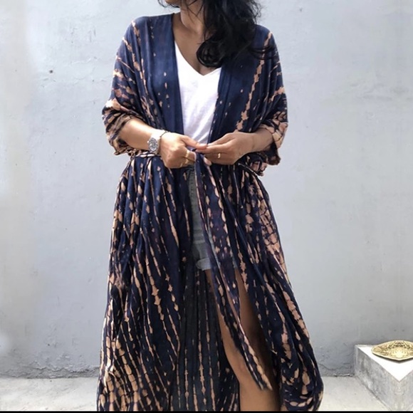 Navy Tie Dye Boho Swim Coverup Kimono Robe - Picture 4 of 8